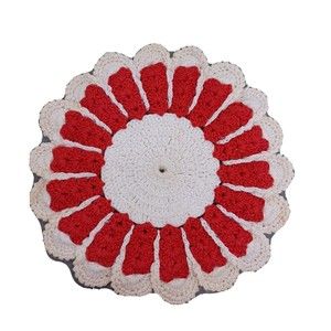 Vintage Crocheted Pot Holders Trivet Thick Red White Scalloped Edge Farmhouse 6"